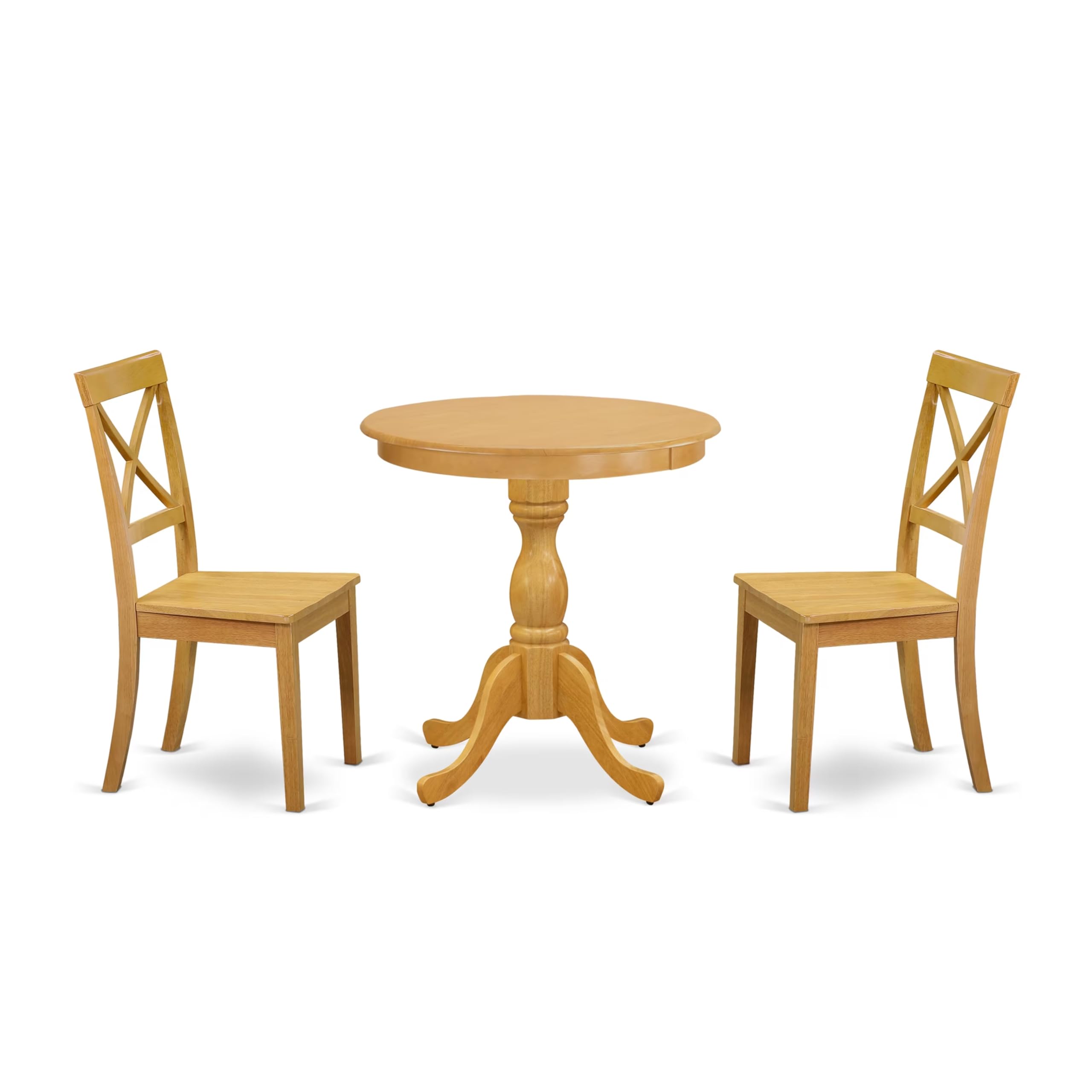 East West Furniture Esbo3-Oak-W 3 Piece Dining Set Contains A Round Dining Room Table With Pedestal And 2 Wood Seat Chairs, 30X30 Inch, Oak